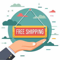 Hand Holding Free Shipping Sign With Clouds