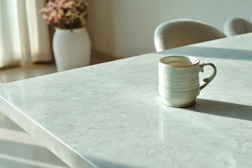 minimalist still life featuring white cup elegantly placed on marble surface illuminated by soft morning light