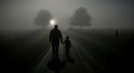 Father and child walk hand in hand on a foggy path at night
