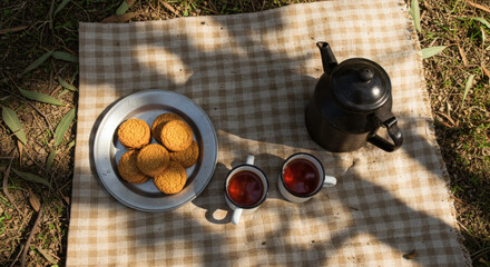Top-Down Flat Lay of a Traditional Aussie Picnic with Homemade Cookies