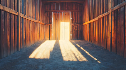 Interior of Wooden Barn with Sunlight Streaming Through Open Door