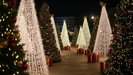 Enchanting outdoor Christmas display at night with illuminated traditional and modern trees, adorned with festive lights and red gift boxes, creating a magical holiday atmosphere in a public square. - Powered by Adobe