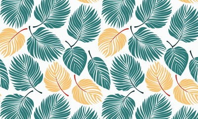 Seamless tropical pattern with hand-drawn etched palm fronds and leaves, Exotic botanical vector background in vibrant orange and teal colors