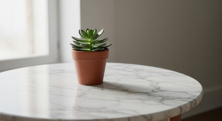 Potted succulent plant on marble table in bright indoor space  