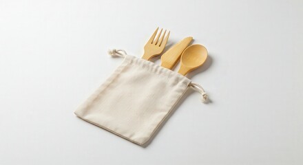 Wooden cutlery set with fork, spoon, and knife in fabric pouch  
