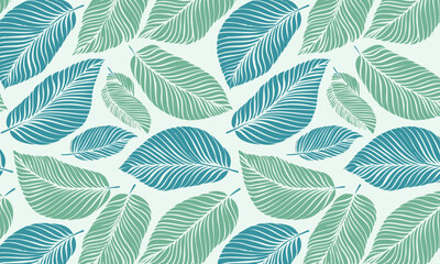 Elegant hand-drawn seamless leaf pattern, Botanical background with engraved linework leaves 
