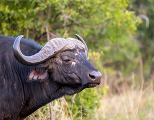 Close-up of a buffalo's head in a savanna