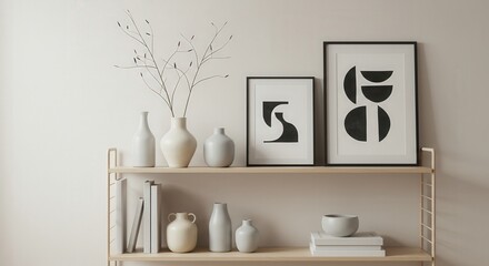 Minimalist shelf display with modern vases and abstract art prints  