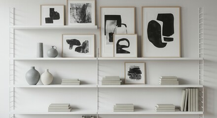 Modern shelving unit with black and white art prints and decor  