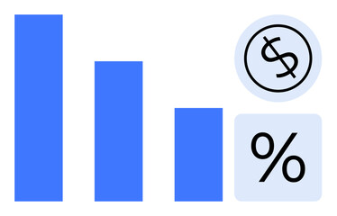 Blue bar chart, dollar sign encircled, percentage symbol, conveying financial growth, analysis, profit margin. Ideal for finance, investment, data analytics business strategy cost analysis