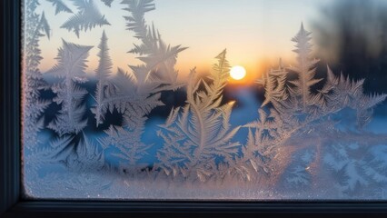Frosty windowpane sunset view