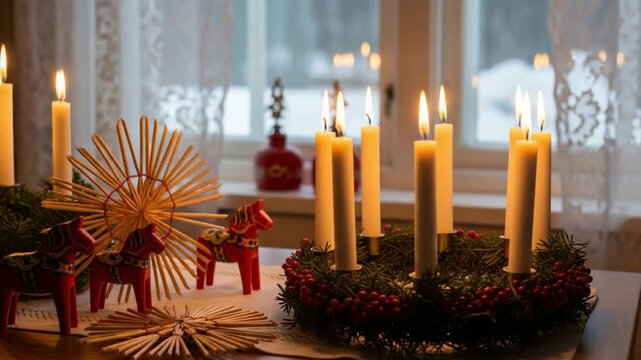 Festive winter table setting with glowing candles in an Advent wreath, red Dala horses, and handcrafted straw decorations by a window.