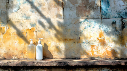 Soap Bottles on Rustic Wall with Shadows