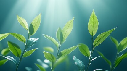 Fresh Green Tea Leaves Growing Under Sunlight with Nature Background.