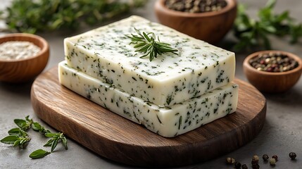 Fresh Herb Cheese Blocks on Wooden Board with Culinary Delight, CloseUp, and Grey Background.