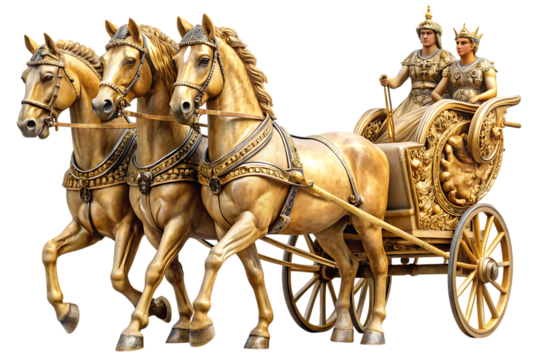 Golden Chariot Pulled by Three Horses with Two Figures in Ancient Armor roman isolated on a transparent background