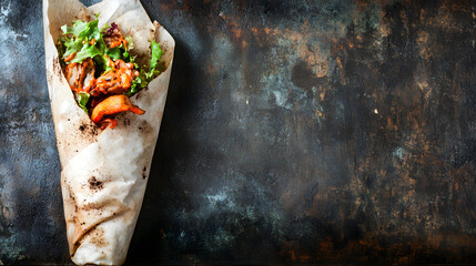 Wrap with Vegetables and Meat on Dark Surface