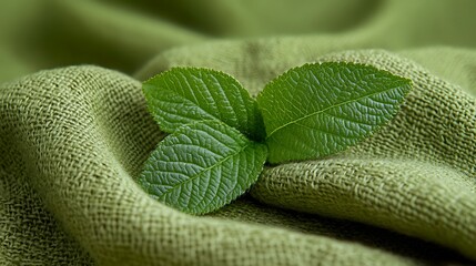 Fresh Mint Leaves on Textured Green Fabric  Natural with Organic, and Closeup.
