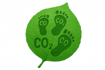Green leaf displaying shrinking carbon footprints, representing declining environmental impact against transparent backdrop
