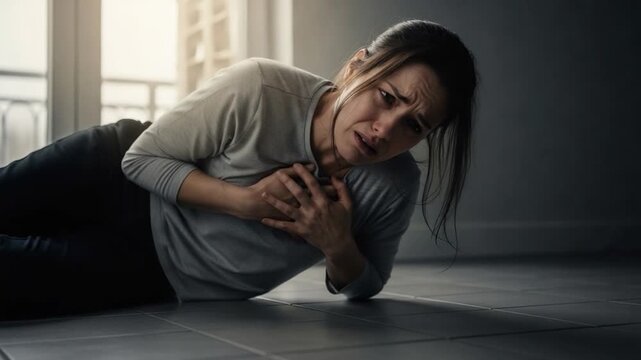 Woman Experiencing Chest Pain, Lying on Floor, Dramatic Scene.