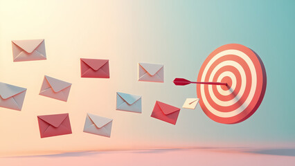 flying envelopes heading towards a red target with an arrow piercing the bullseye. Represents successful email marketing, targeted communication, and reaching the right audience