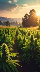 Lush field of cannabis at sunset