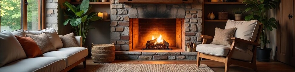 Cozy living room interior with a fireplace, plush armchair, throw pillows, and warm lighting, creating a relaxed and inviting atmosphere for a comfortable home ,  hearth,  room