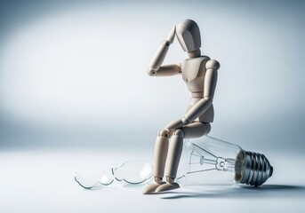 Stressed wooden mannequin sitting on broken light bulb