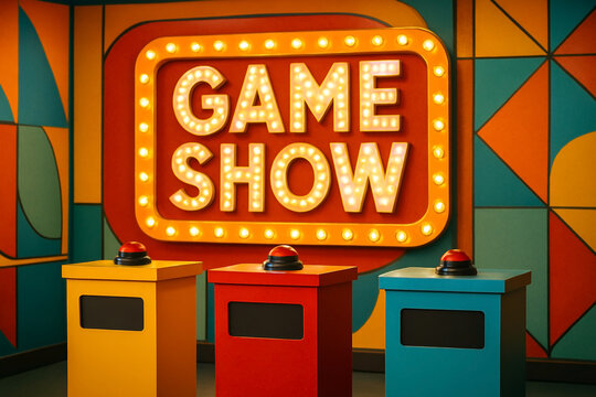 Bright retro game show scene with lit signage and vibrant podiums