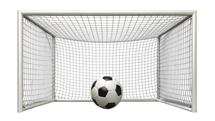 Soccer ball inside a white goal net on a black background football sports isolated on a transparent background