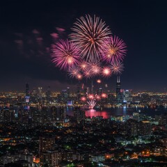 Fototapeta premium Breathtaking pyrotechnic display of pink fireworks bursting over a glittering urban cityscape at night