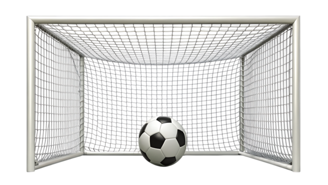 Soccer ball inside a white goal net on a black background football sports isolated on a transparent background