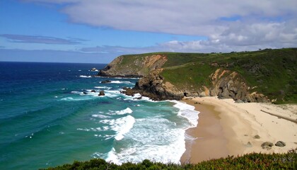 Obraz premium Seaside cliffs and beach landscape under partly cloudy sunny skies