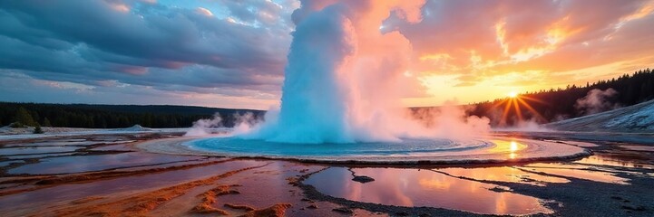 Fototapeta premium Spectacular geyser erupting, sending a plume of hot water and steam high into the air against a dramatic sky The surrounding geothermal landscape is rugged and colorful , ground, steam