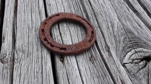 Rusted horseshoe on weathered wooden planks
