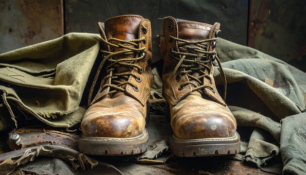 Aged work boots on rough fabric