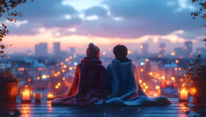 Romantic couple wrapped in blankets watching the city lights at sunset from a rooftop