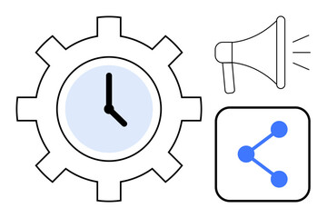 Clock inside gear, megaphone with sound waves, network sharing diagram. Ideal for productivity, teamwork, communication strategy, scheduling, time management, digital marketing simple landing page
