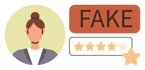 Female avatar next to Fake label and star rating, signifying fraudulent feedback or false reviews. Ideal for trust issues, online scams, transparency, credibility, deception, consumer protection