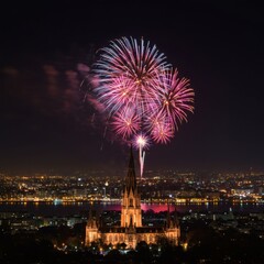 Spectacular colorful fireworks light up the night sky above a majestic cathedral during a city-wide celebration