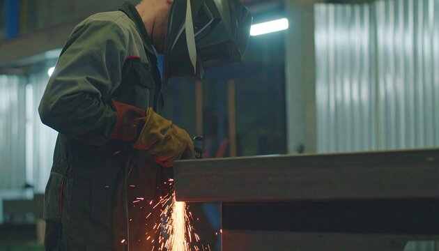 Professional welder expertly grinding metal in an industrial setting