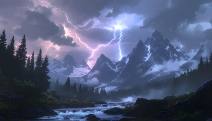 Epic lightning storm illuminating a majestic, snow-capped mountain range