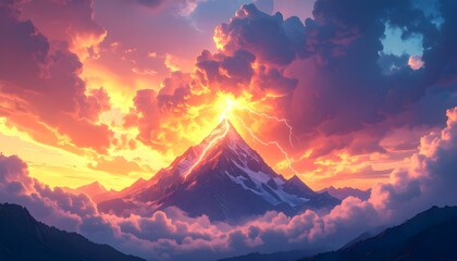 Majestic Mountain Peak Bathed in Fiery Sunset Hues and Divine Light Amidst a Dramatic Sky