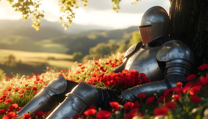 Weary knight finds tranquil repose amidst a vibrant field of red poppies, bathed in the soft glow of a golden afternoon light