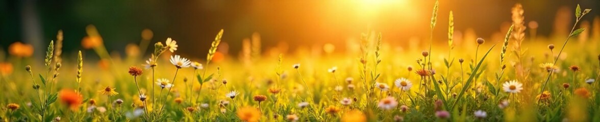 Golden hour sunlight bathes a vibrant meadow in summer, wildflowers in bloom, tall grasses swaying gently in the breeze Perfect for idyllic summer, nature, and countryside themes , field, sunlight