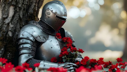 Medieval Knight in Full Armor Resting Amongst Red Flowers