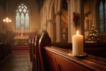 wooden bench sits quietly in empty church on christmas eve illuminated by soft candlelight