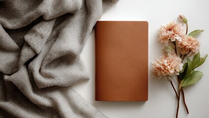 A light brown notebook sits on a white surface, beside a draped gray wool blanket and a cluster of light peach flowers