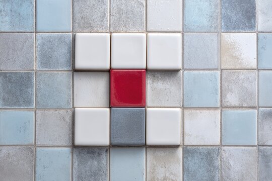 Red, white, and grey square tiles arranged in a 'T' shape on a light blue and gray tiled background