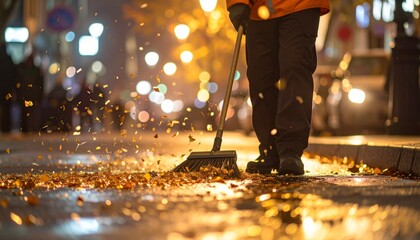 City worker sweeps fallen leaves on a wet street at night, blurred lights create a warm atmosphere
